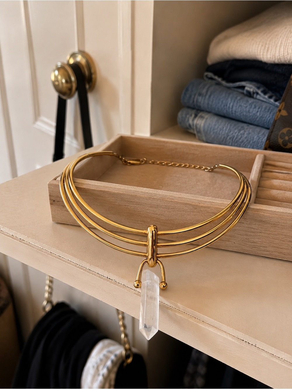Gold Multi-Strand Choker Necklace with Clear Crystal Pendant